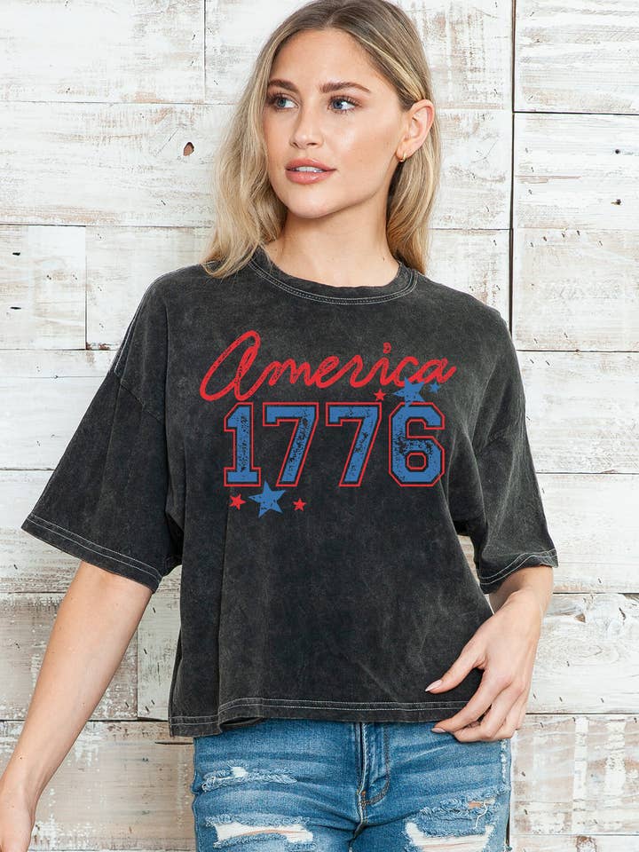 Amused by Blue - Wholesale Screen Printed T-Shirt - Women's - Women Graphic Print Short Sleeve Mineral Wash Top0