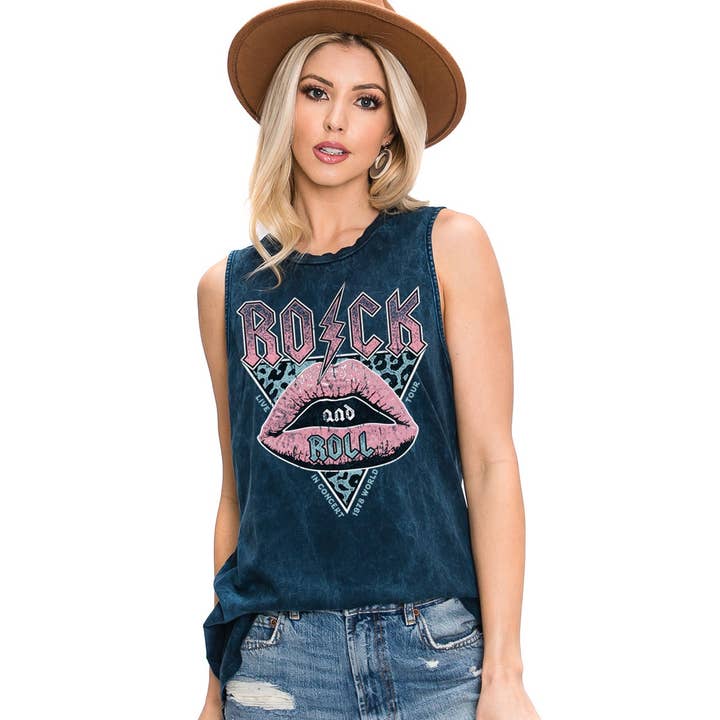 HRTandLUV - Wholesale Tank Top - Women's - ROCK AND ROLL LIP GRAPHIC TANK TOP