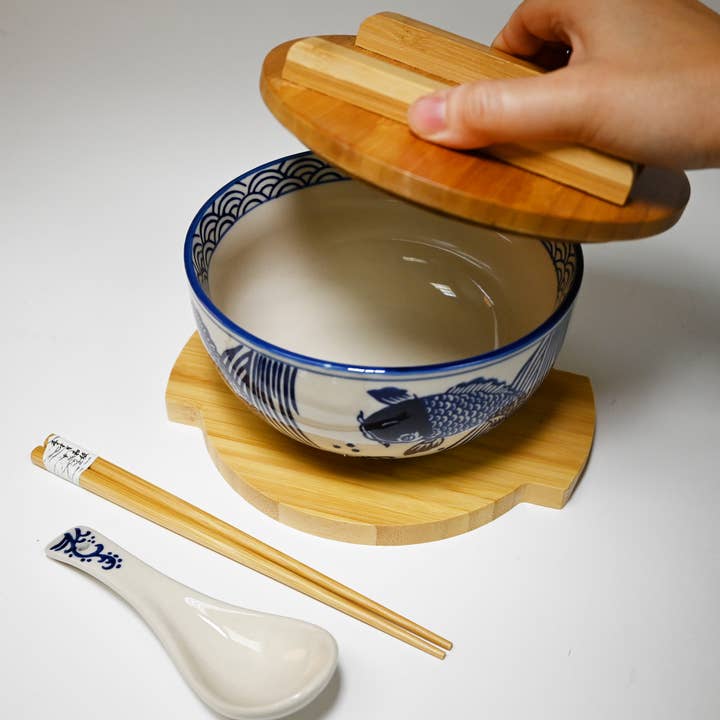 Fuji Merchandise Corporation - Wholesale Serve Bowl - MIRA BOWL WITH WOODEN LID AND TRIVET– BLUE KOI FISH ON IVORY3