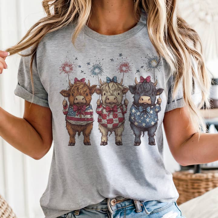 Par.tees by Party On! - Wholesale T-Shirt (Graphic) - Unisex - USA Highland Cow Trio Country 4th Patriotic Graphic Tee1