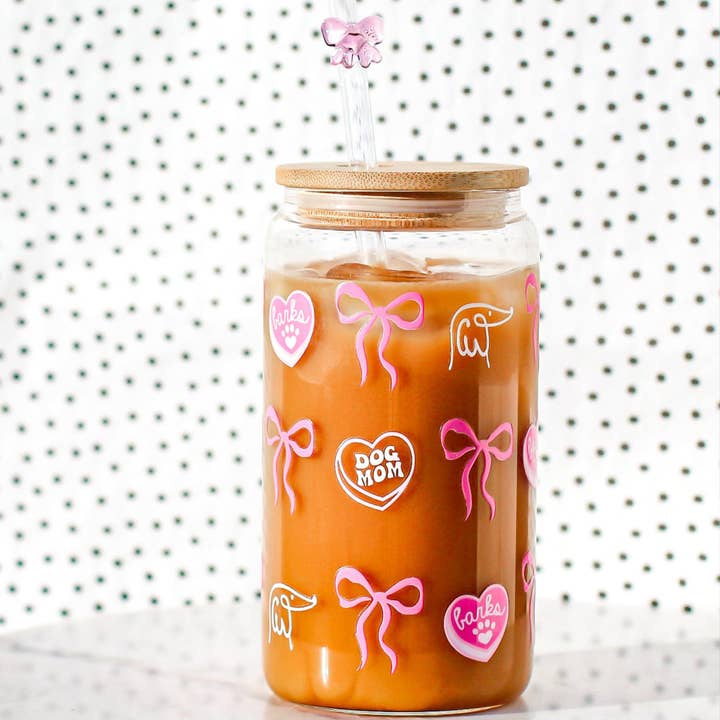 Barks & Bows 16oz Glass | Pink Bow Straw for wholesale by Bop Pop Pets