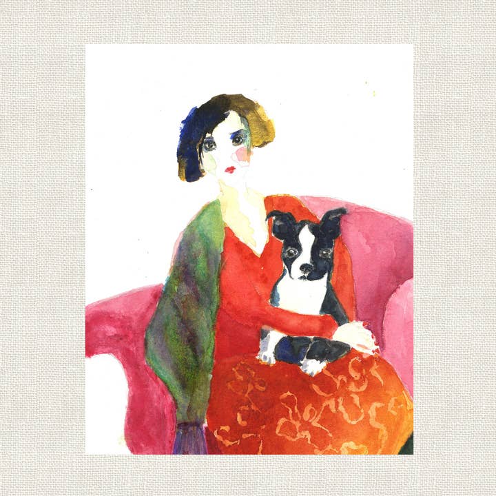 "Boston Terrier & Pink Chair" for wholesale by Connie Collum Art
