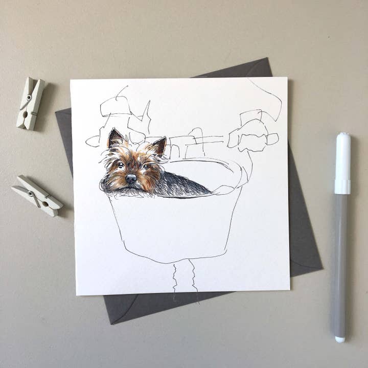 Tarjeta de felicitación dibujada a mano de Pepe Yorkshire Terrier para venta al por mayor de SJ. Vickery Designs Ltd.