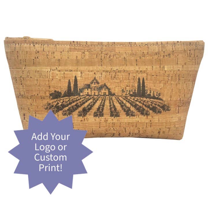 Astuccio con cerniera in sughero di grandi dimensioni personalizzato con stampa per la vendita all'ingrosso da parte di Natalie Therese