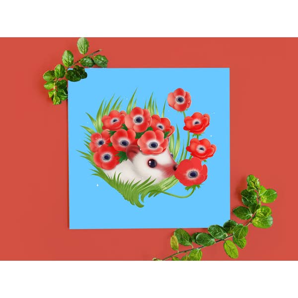 Carte Red Anemone Hog Hedgehog Flowerhog pour la vente par Digitaldreamcloud