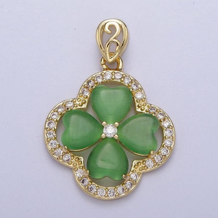 Gold Green Quatrefoil Lucky Clover Micro Paved CZ Pendant For St. Patrick's Day Jewelry Making | X-541 for wholesale by Aim Eternal