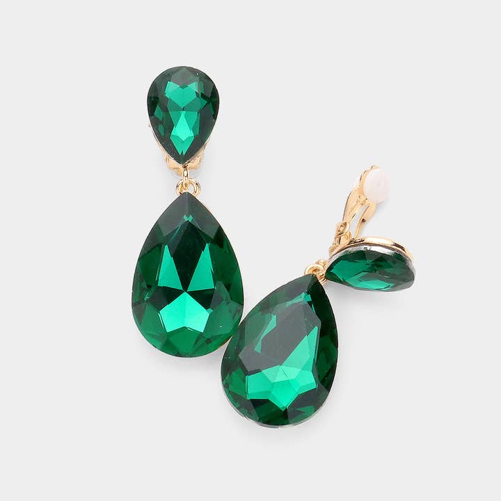 Sensibling Corp. - Wholesale Clip-On Earrings - Glass Crystal Double Teardrop Clip on Evening Earrings