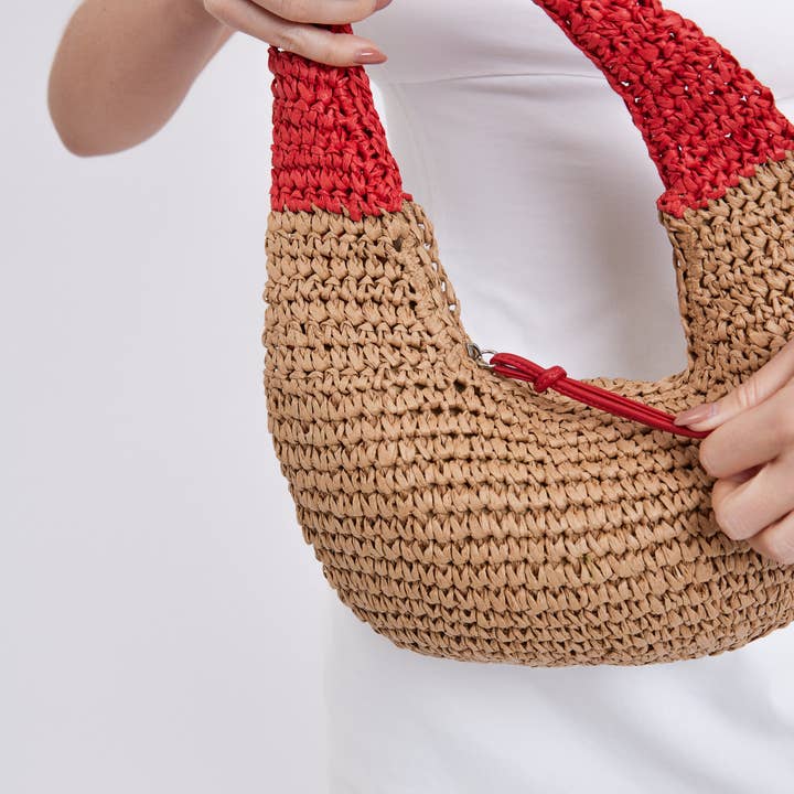 Marrón Bolso Redondo de Paja con Asa Roja de venta al por mayor en Faire