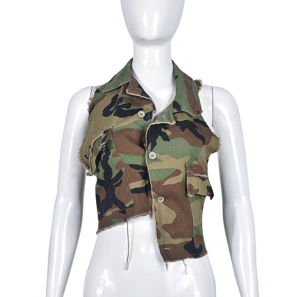 MB FASHION CAMO Cropped Sleeveless Vest with Tie Back 9185LY for wholesale on Faire7