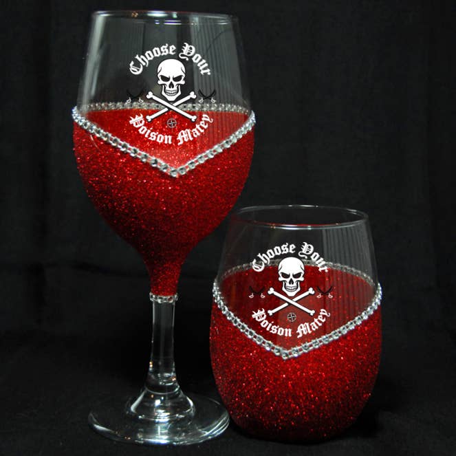 WineyBitches.Co - Wholesale Wine Glass - 🏴☠️💀 Choose Your Poison Matey-Skull & Crossbones — Bling Glitter Wine Glasses (Pirate Theme Collection) 💀🏴☠️