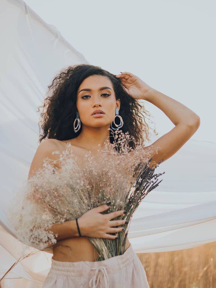 Katerina Hoops in Powder Blue, White, and Dusty Pink for wholesale by Corvega Clay Goods