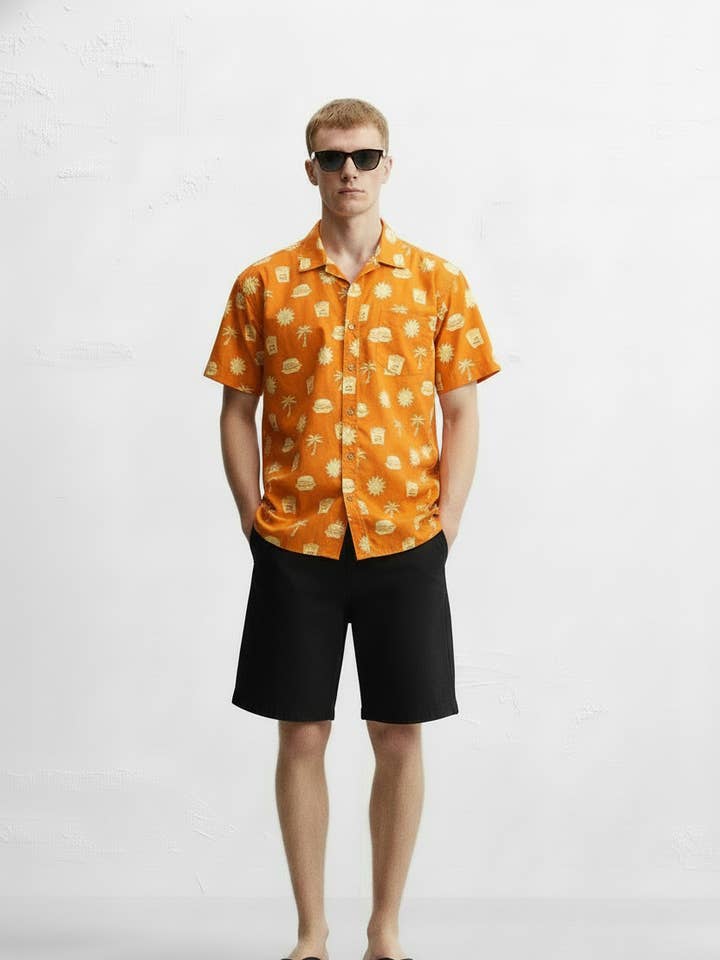 Bedrucktes, gewebtes, lustiges, kurzärmliges Baumwollhemd für Herren für den Großhandel von Hawk's Bay