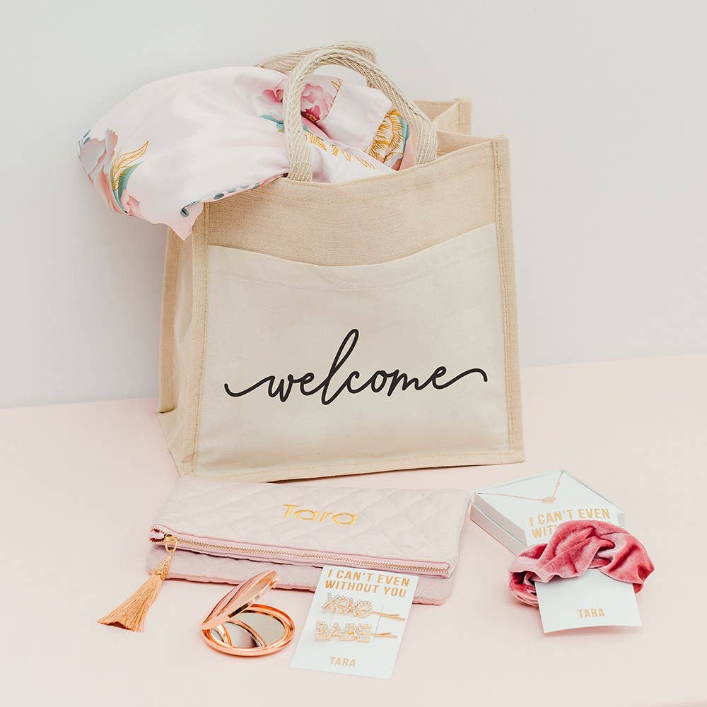 Weddingstar Inc. - Wholesale Tote Bag - Women's - Medium Reusable Woven Jute Tote Bag With Pocket - Welcome2