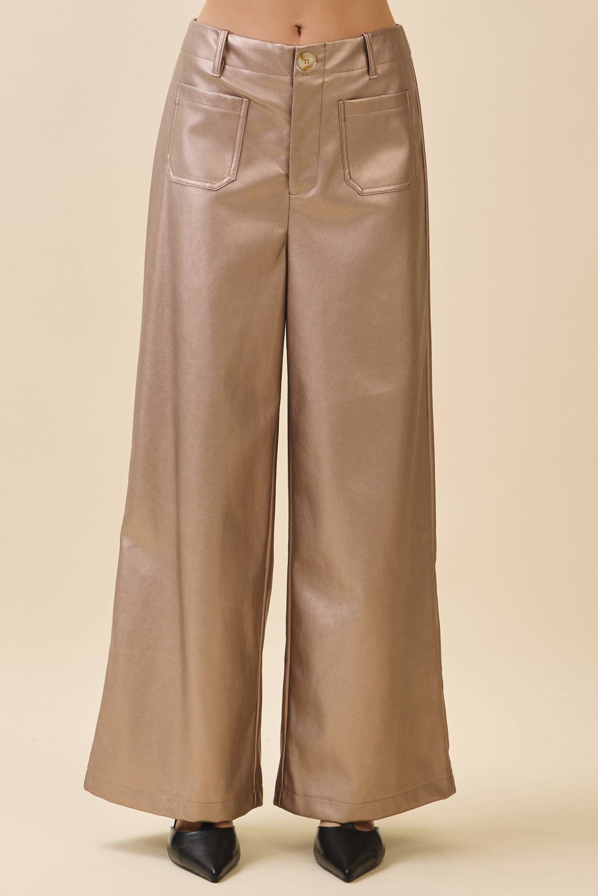 GeeGee x Lovelo - Wholesale Pants - Women's - Metallic Wide-Leg Faux Leather Pants CP521996