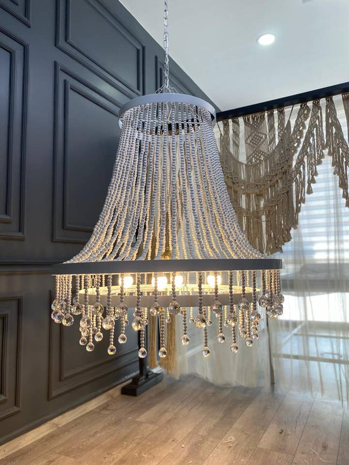 Large Crystal Beaded Chandelier – White Wood Pendant Light, Luxury Ceiling Lamp, Dining Room Light for wholesale by Joy's Arts