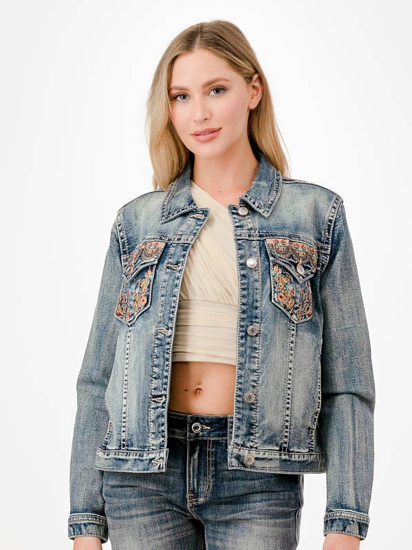 Grace in LA - Wholesale Denim Jacket - Women's - Floral Embroidery Detail Denim Jacket | TE-61880