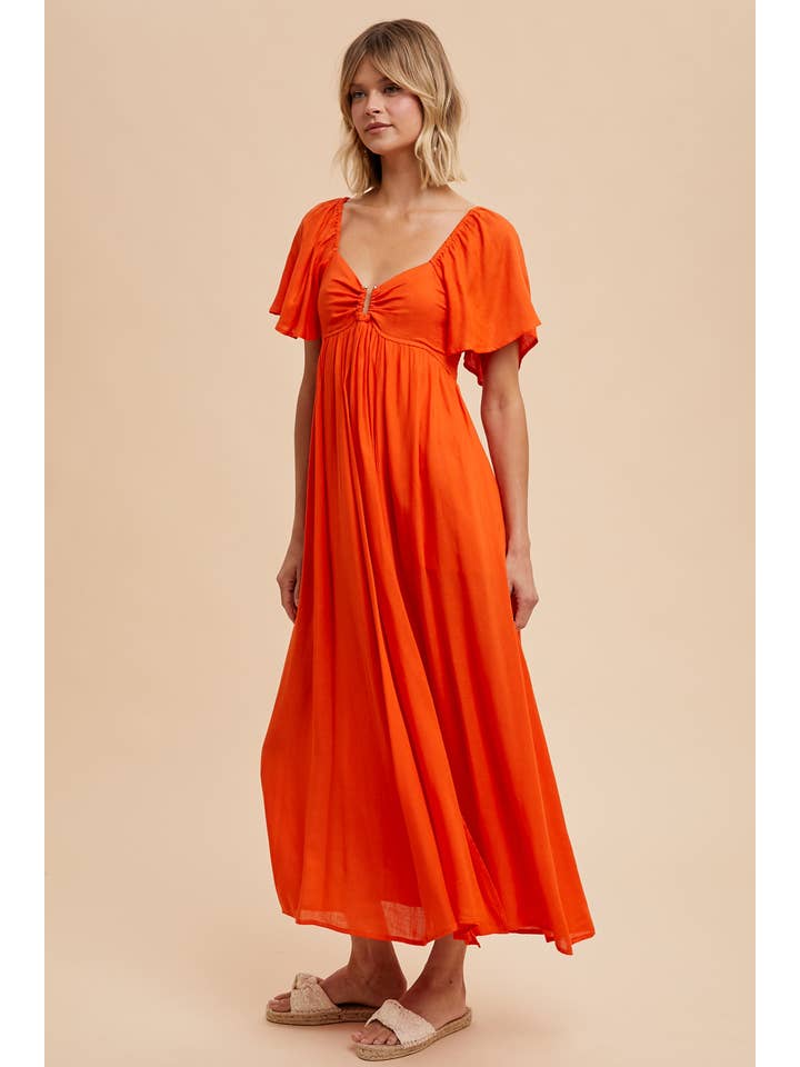 In Loom - Wholesale Dress - Women's - LINEN TENCEL FLUTTER SLEEVE MAXI DRESS WITH GOLD NOTCH