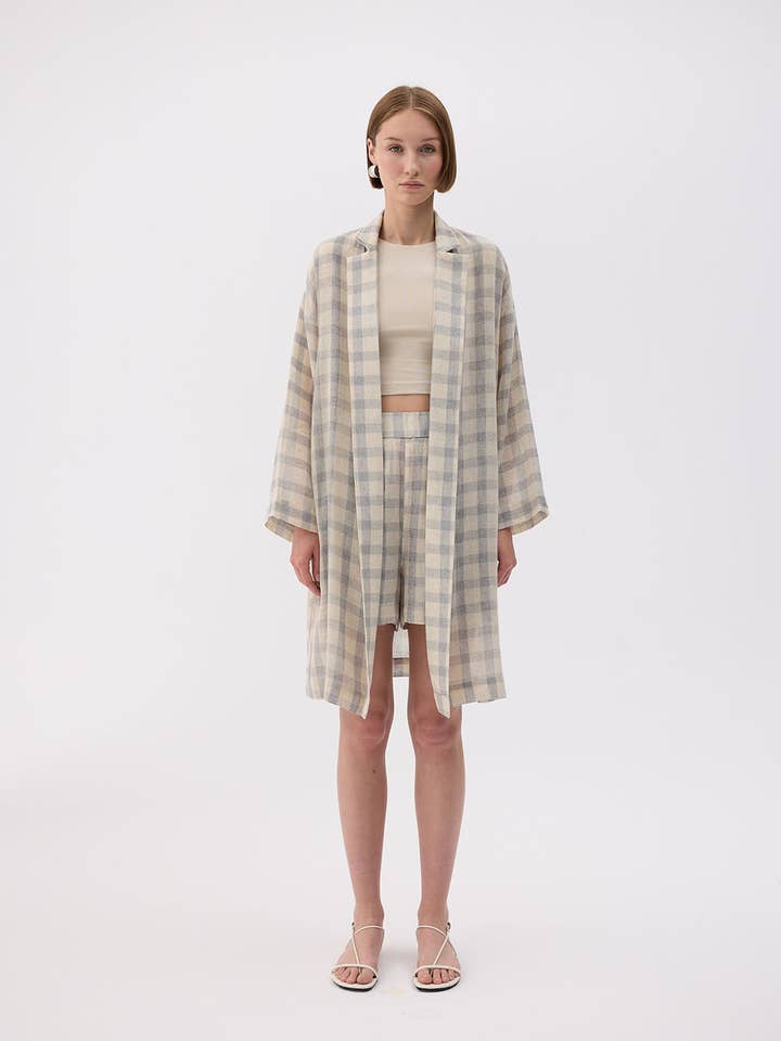 Gray Plaid Jacket (3453); 28% Linen 72% Cotton for wholesale by Fulmarix