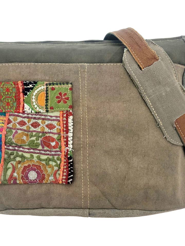 Recycled Military Tent Crossbody w/Vintage Fabric Pocket for wholesale by Vintage Addiction