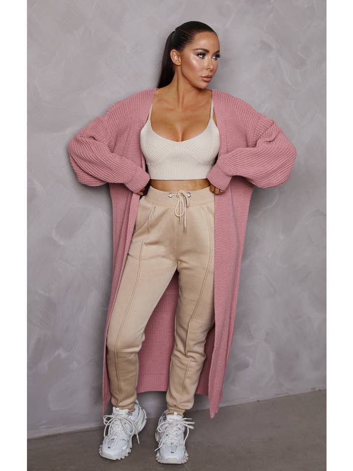 Femme Luxe - Wholesale Cardigan - Women's - Rose Knitted Long Puff Sleeve Midi Longline Cardigan - Poppy