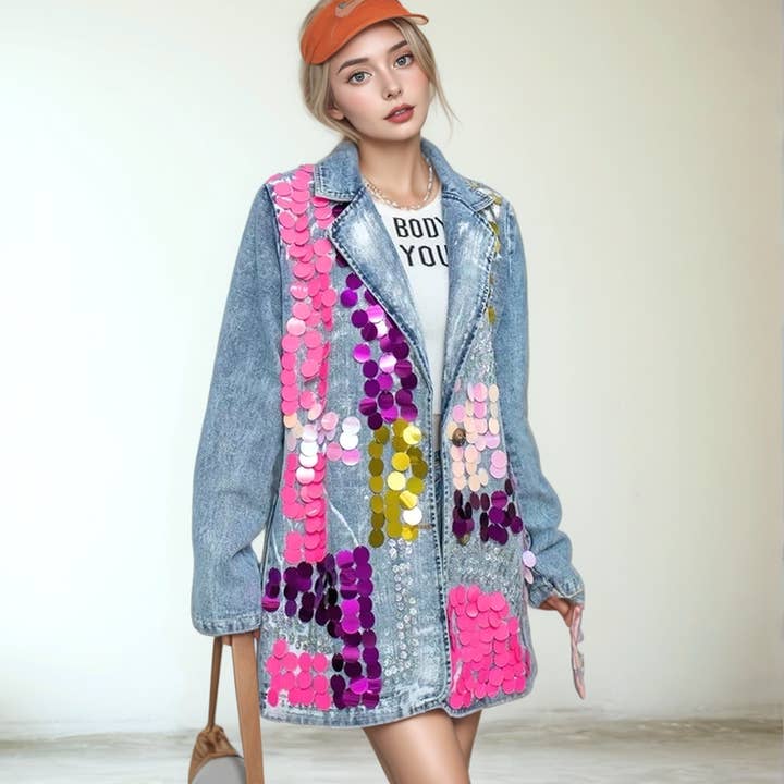 Veste Blazer en Jean à Sequins Peinte à la Main JK037 Colorée pour la vente par Productseeker