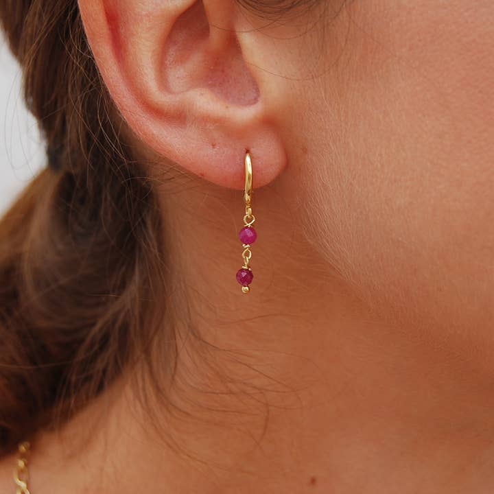Silver 925 hoops earrings with ruby, dainty long earrings. for wholesale by Yneda Jewels