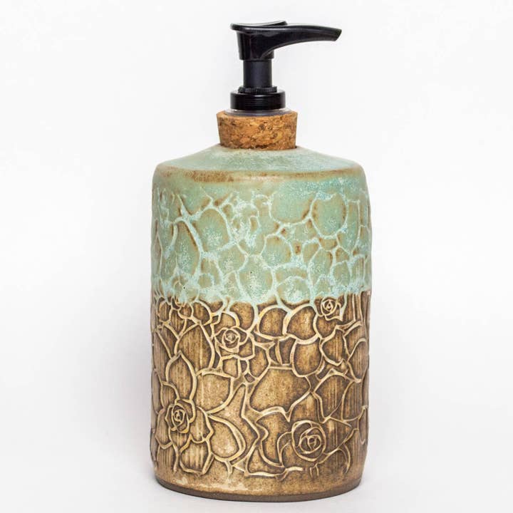 Succulent Pattern Handmade Lotion / Soap Dispenser, in Ohio for wholesale by White Squirrel Clayworks