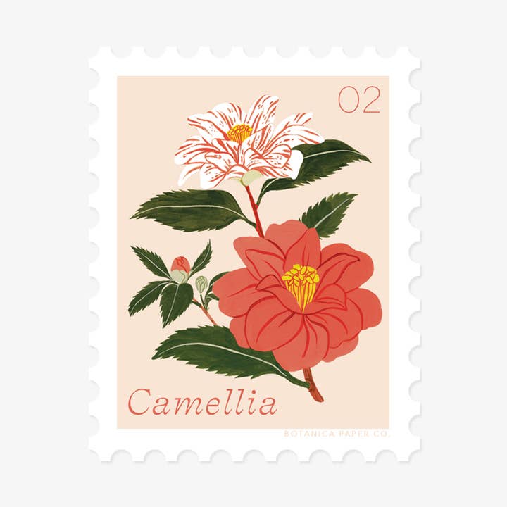 Botanica Paper Co. – wholesale Sticker – CAMELLIA, FEBRUARY FLOWER | STAMP-STYLE VINYL STICKER0