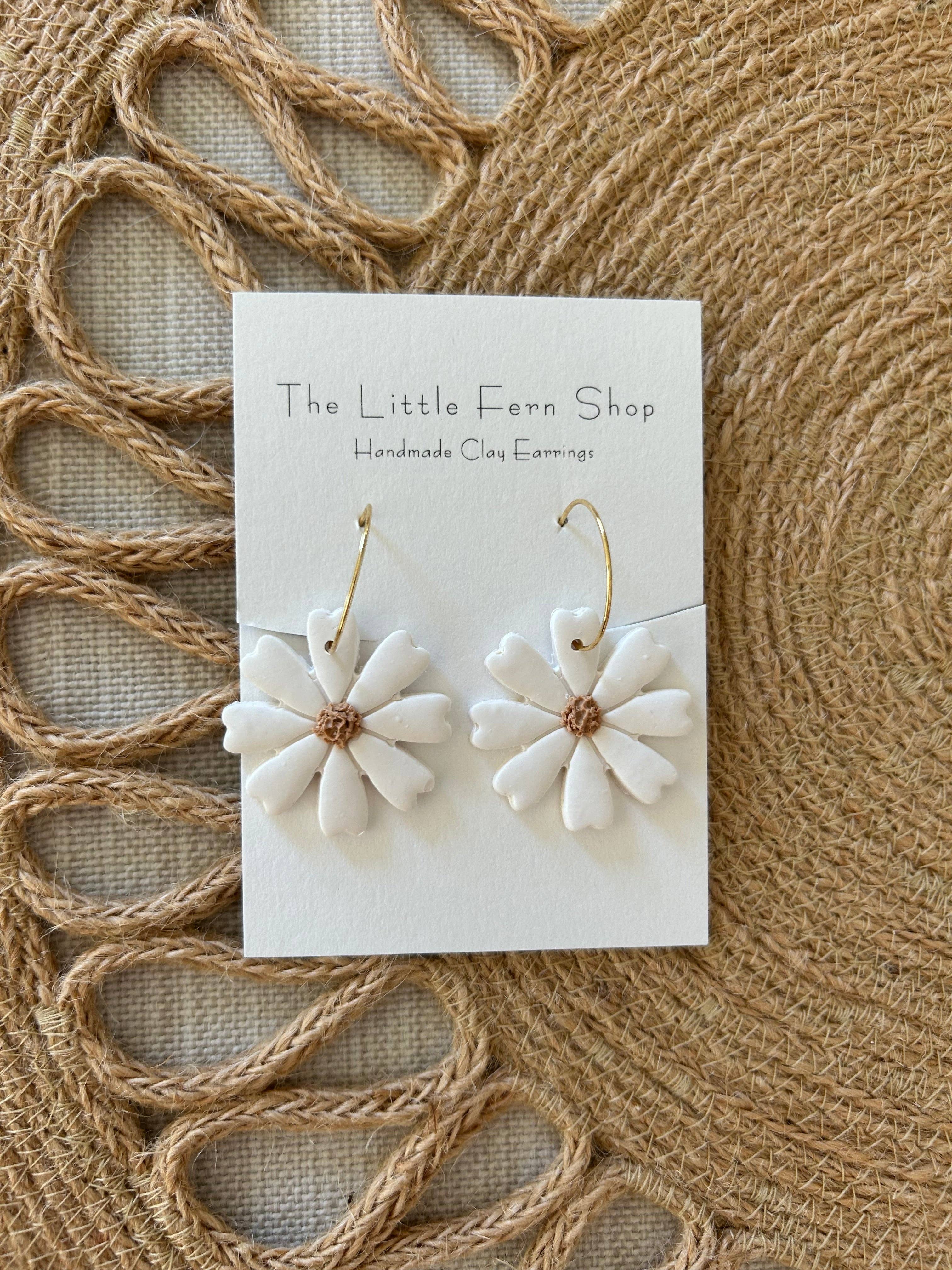 The Little Fern Shop - Wholesale Dangle Earrings - Cream Daisy Hoops | Clay Earrings