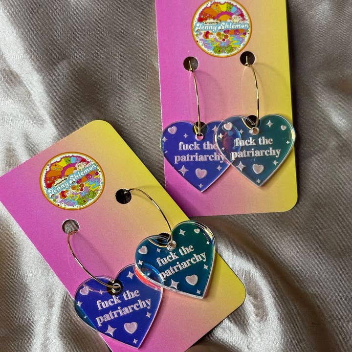 ShlemonArt - Wholesale Hoop Earrings - Fuck The Patriarchy Heart Hoop Earrings