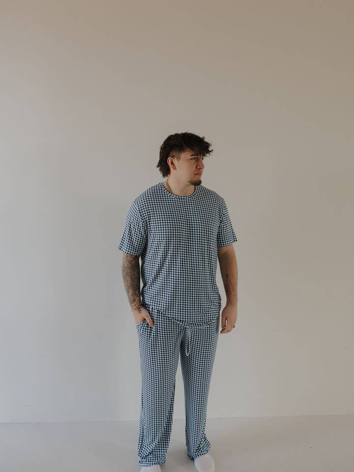 Men's Short Sleeve Pajamas | Blue Gingham for wholesale by Forever French Baby