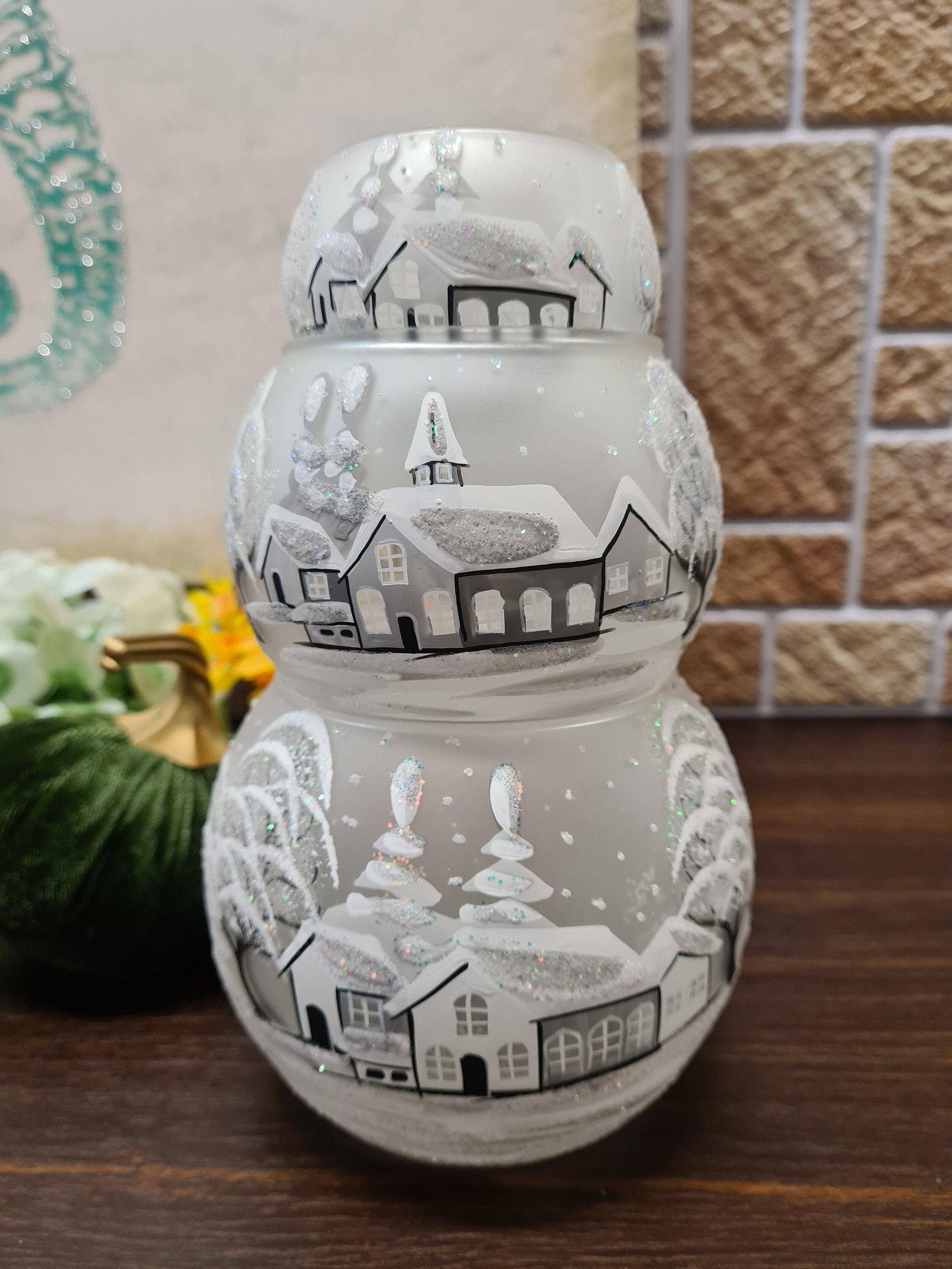 Glass by Iness - Wholesale Candle Holder - Small Frosted Glass Candle Holder, Hand Crafted in Ukraine, White Church Winter Wonderland, Wonderful Year Round10