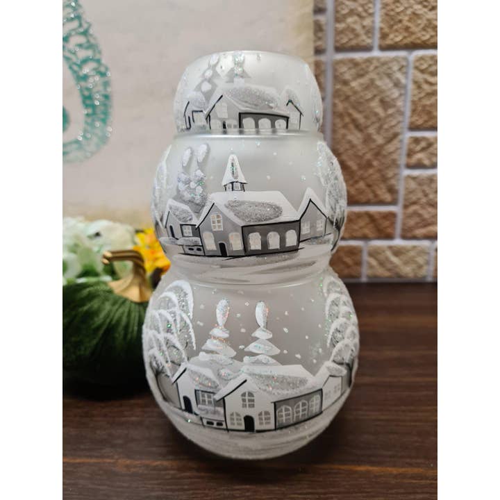 Glass by Iness - Wholesale Candle Holder - Small Frosted Glass Candle Holder, Hand Crafted in Ukraine, White Church Winter Wonderland, Wonderful Year Round10