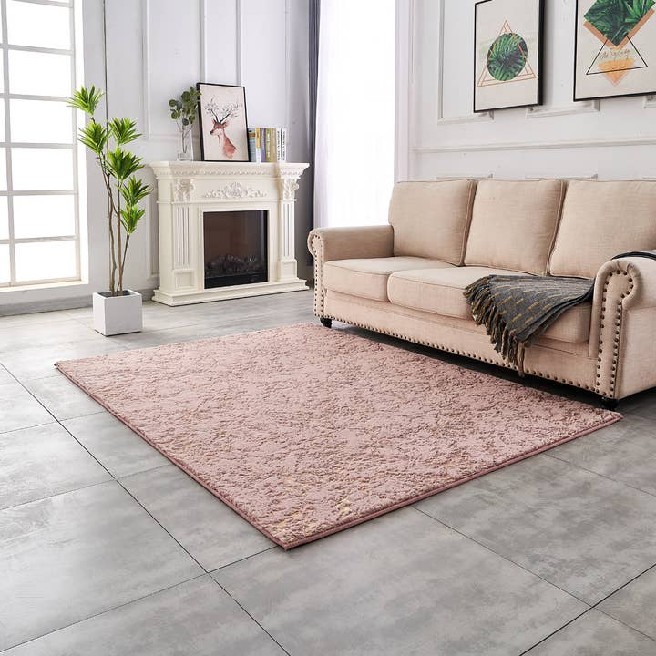 Amazing Rugs – Großhandel Teppichvorleger – Lily Dust abstrakter, goldvergoldeter Chinchilla-Kunstpelzteppich, Rosa1