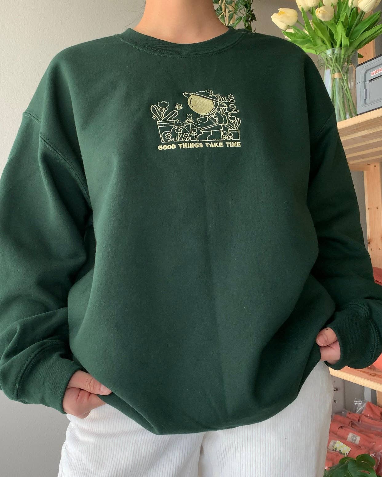 FOREST GREEN Good Things Take Time – Plant Lover Embroidered Sweatshirt   for wholesale on Faire5