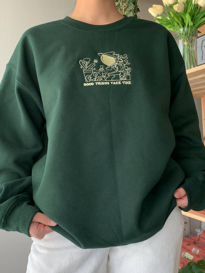 FOREST GREEN Good Things Take Time – Plant Lover Embroidered Sweatshirt for wholesale on Faire5