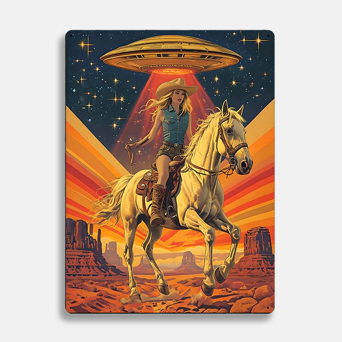 Targa in Metallo con Cowgirl a Cavallo al Tramonto UFO Alieno per la vendita all'ingrosso da parte di The British Metal Signs Company