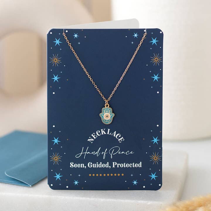 Hand of Hamsa Necklace on Greeting Card for wholesale by Something Different Wholesale