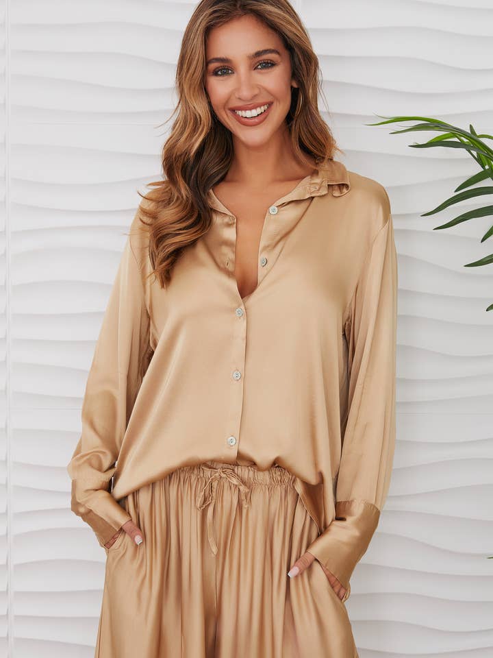 SILKY BUTTON DOWN LONG SLEEVE TOP (11506-CHAMPGNE) for wholesale by MILIO MILANO