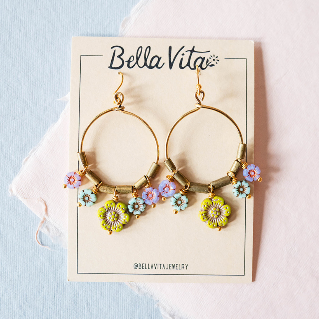 Bella Vita Jewelry - Wholesale Dangle Earrings - Flower Power | Bouquet Hoop Glass Flower Bead Earrings0