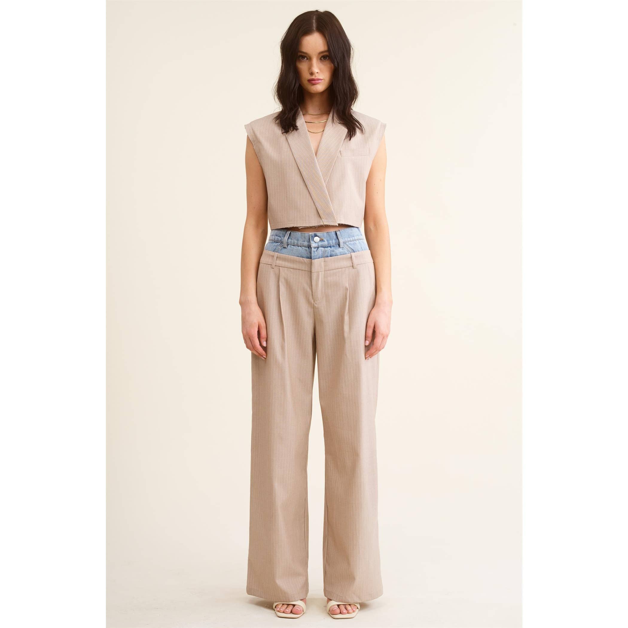 BEIGE Denim Waistband Contrast Stripe Wide Leg Trousers MB5057  for wholesale on Faire14