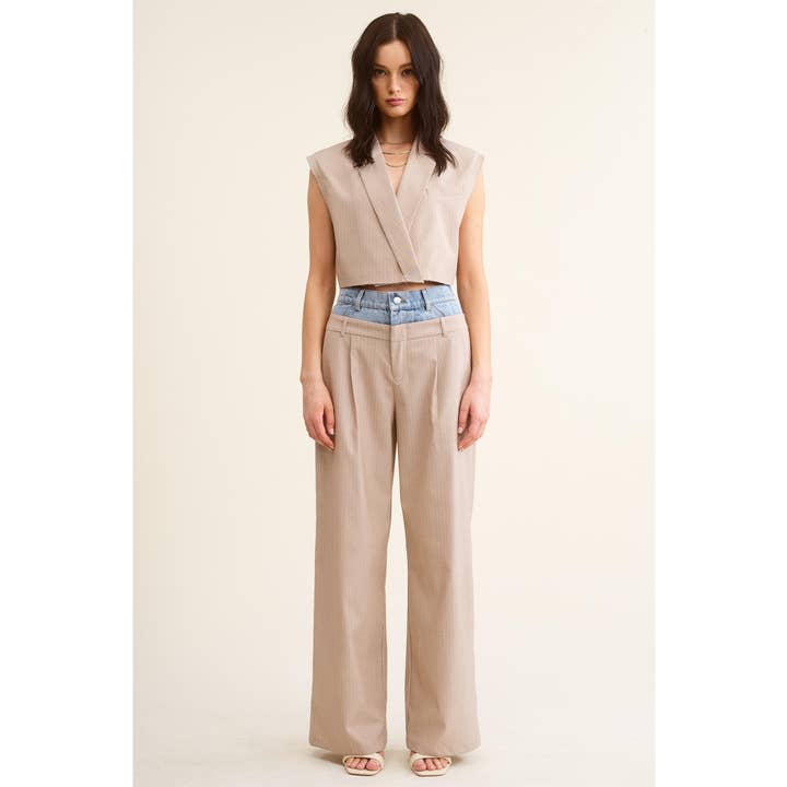 BEIGE Denim Waistband Contrast Stripe Wide Leg Trousers MB5057 for wholesale on Faire14