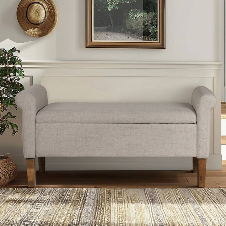 Transitional Cream Upholstered Rolled Armrest Storage Bench for wholesale by Olliix