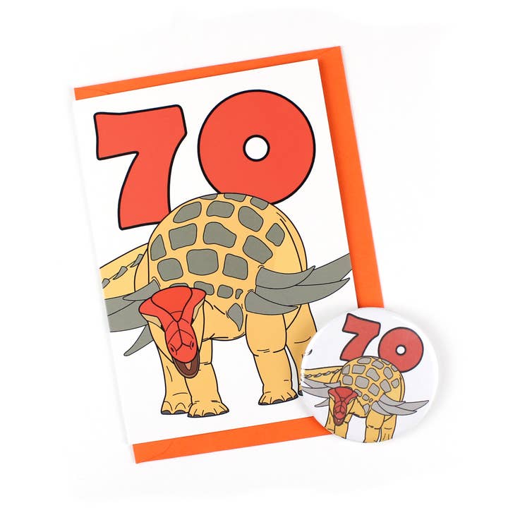 Number Seventy Dinosaur Greeting Card and badge for wholesale by Dinosaurs Doing Stuff