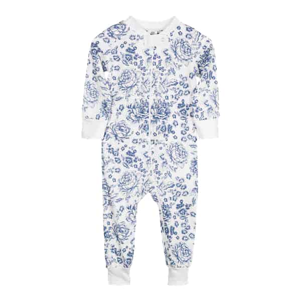 Pyjama sans pieds à fermeture éclair complète - Toile florale bleu marine pour la vente par Pink Elephant Brands