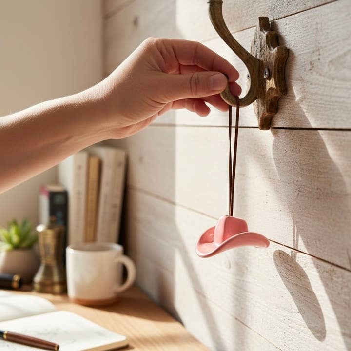 Ornement de Chapeau de Cowboy en Céramique Saint-Valentin — Rose Chewing-gum pour la vente par Mudpuppy Ceramic Studio