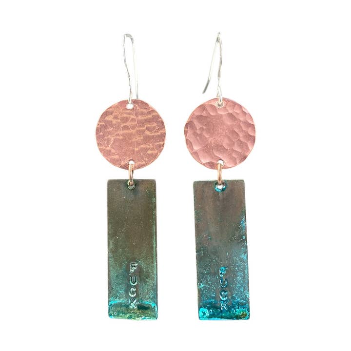 Fuck Earring Hammered Copper Disc w Long Blue Patina Rect for wholesale by David Stepan