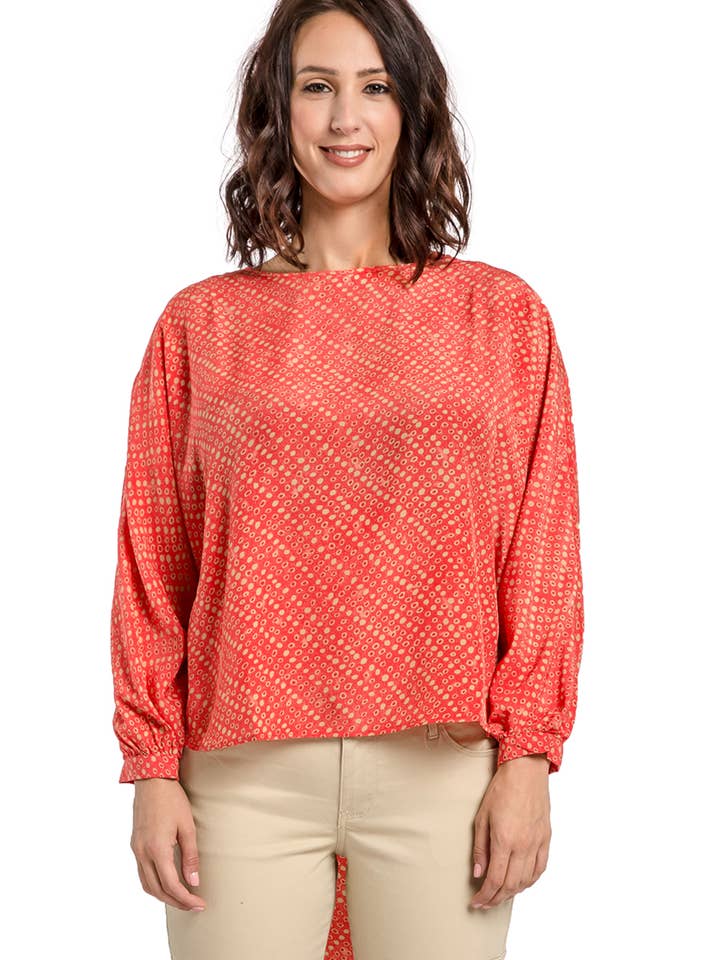 Womens Orange Satin Blouses Quail Egg Print Batwing Sleeve for wholesale by Miss Halladay