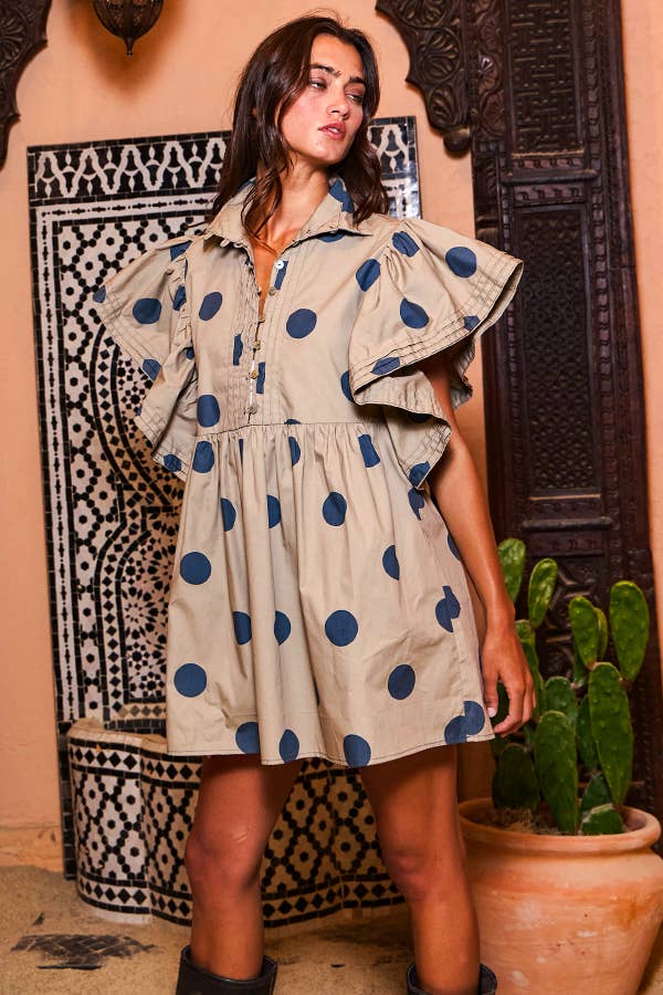 BUCKETLIST INC - Wholesale Dress - Women's - ID4283 Ruffle Sleeve Pintuck Detail Polka Dot Mini Dress12
