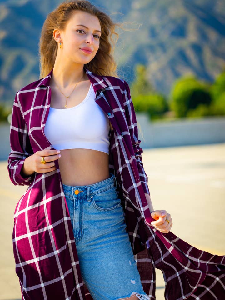 WINE & WHITE Rayon Plaid Open Front Duster for wholesale by Urban Diction